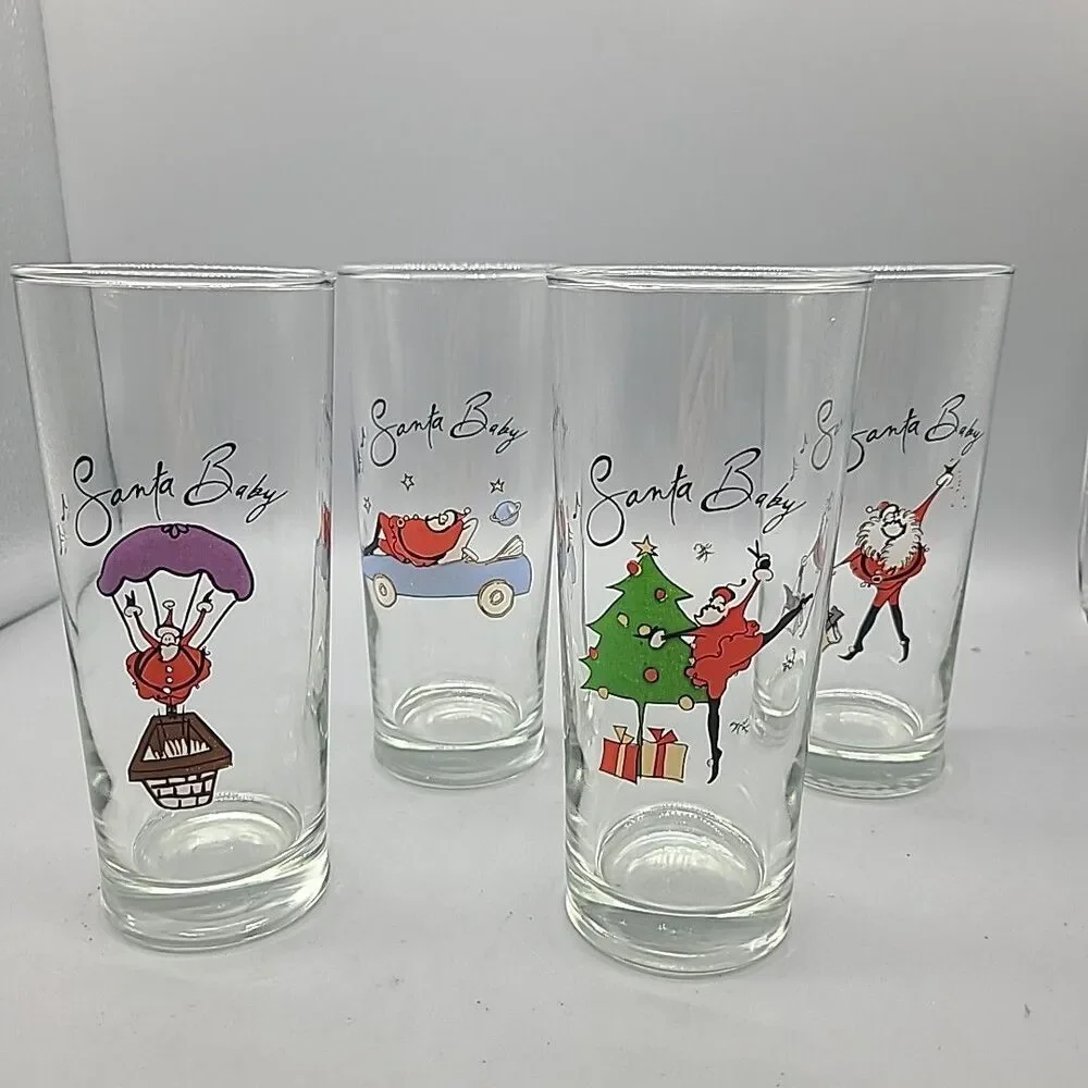 Set (4) Pottery Barn Highball Drinking Glasses  Christmas “Santa Baby” New